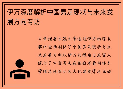 伊万深度解析中国男足现状与未来发展方向专访